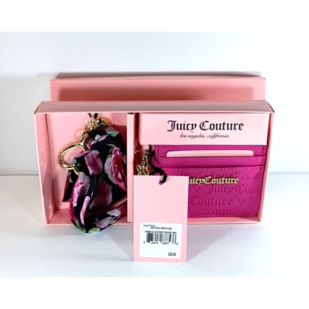 NWT Juicy Couture Hot Pink Card Wallet Key Chain & Scarf Gift Set Open Box - Picture 13 of 16